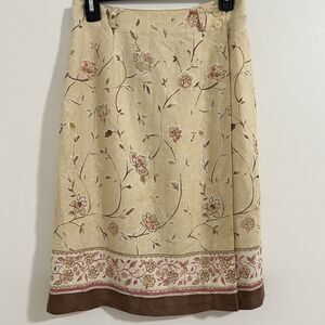 Talbots Wrap Skirt Women's 6 Beige‎ Floral Linen Blend Prairie Boho Cottahe Midi